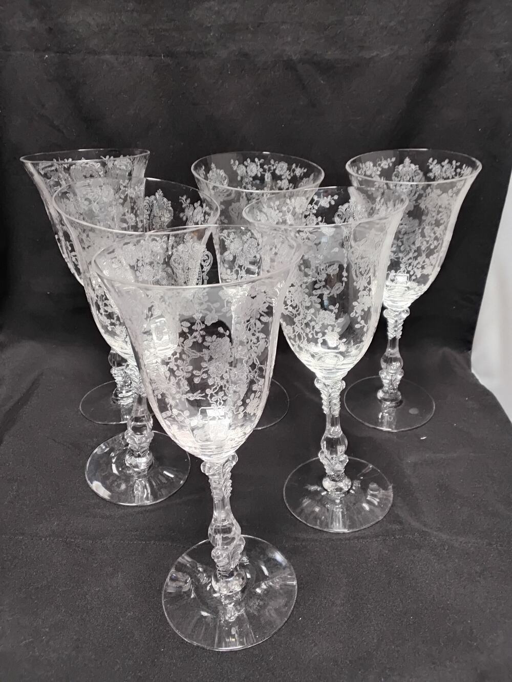 Cambridge Rose Point set of 6 Water Goblets Glasses etched 1934-58 number 3500